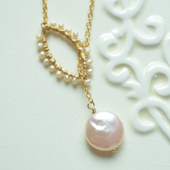 Pink Coin Pearl Lariat Necklace - Hand Made in Canada - Picture 6 of 10